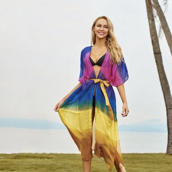 🍑Sheer Mesh Color Block Kimono - Picture 2 of 4